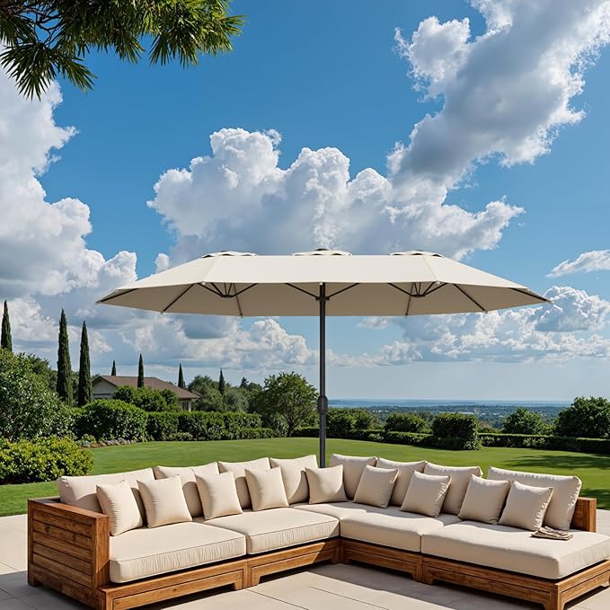 15ft Double-Sided Outdoor Patio Umbrella, Table Umbrellas with Steel Ribs, Easy Crank, Market Umbrella for Backyard & Pool