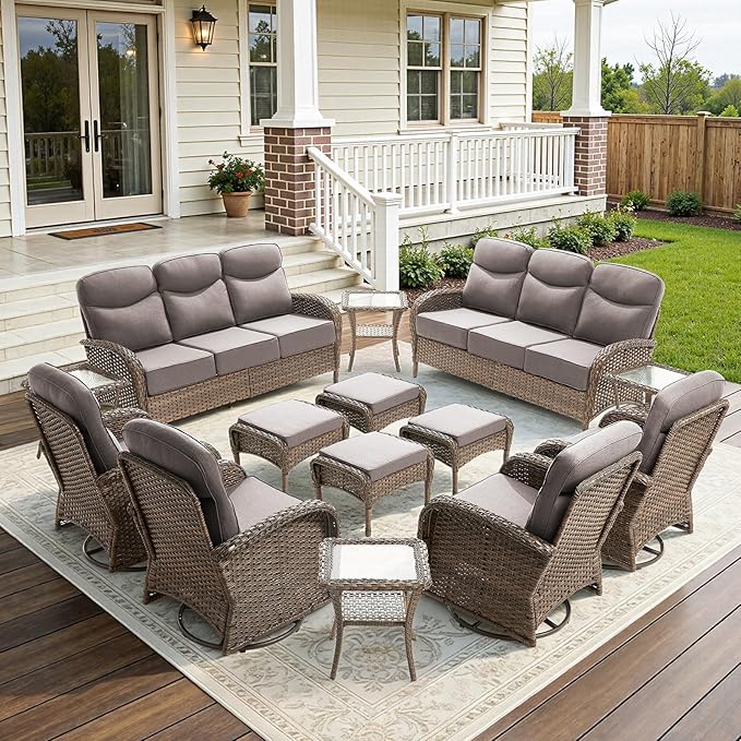 14-Piece Luxury Patio Furniture Set with 6-inch Thick Cushion,Outdoor Wicker Sofa Couch Set of 2 & Swivel Rocker Chairs, Conversation Set for Poolside, Deck & Yard - Gray
