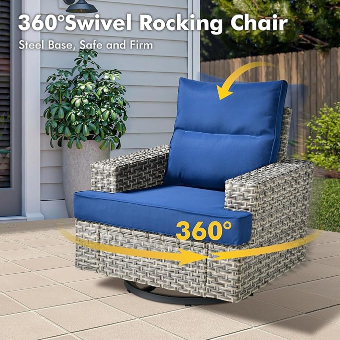 Weaxty 9 Pieces Patio Furniture Set, Outdoor Sectional Furniture Sofa Set w/Swivel Rocking Chairs Coffee Table, PE Wicker Modular Couch Conversation Set for Backyard Garden,Navy Blue
