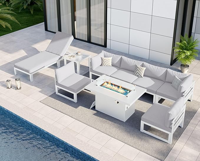 NICESOUL 9 Pcs Oversized Modern Aluminum Patio Furniture Set, 500lbs Heavy Duty Outdoor Sectional Sofa with Lounge & Fire Pit Table, 29" Deep Wide Seating Conversation Couch for Poolside, Light Gray