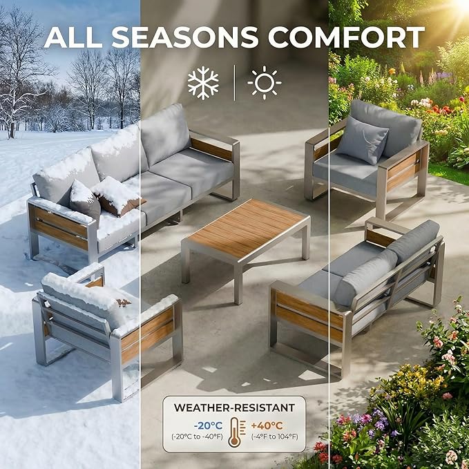 ZANDOR Aluminum Outdoor Patio Conversation Furniture Set, 5 PCS Metal Modern Outside Sectional Lawn Furniture with Coffee Table & Washable Thick Cushions,Seating Sofa for Garden/Backyard/Porch Silver