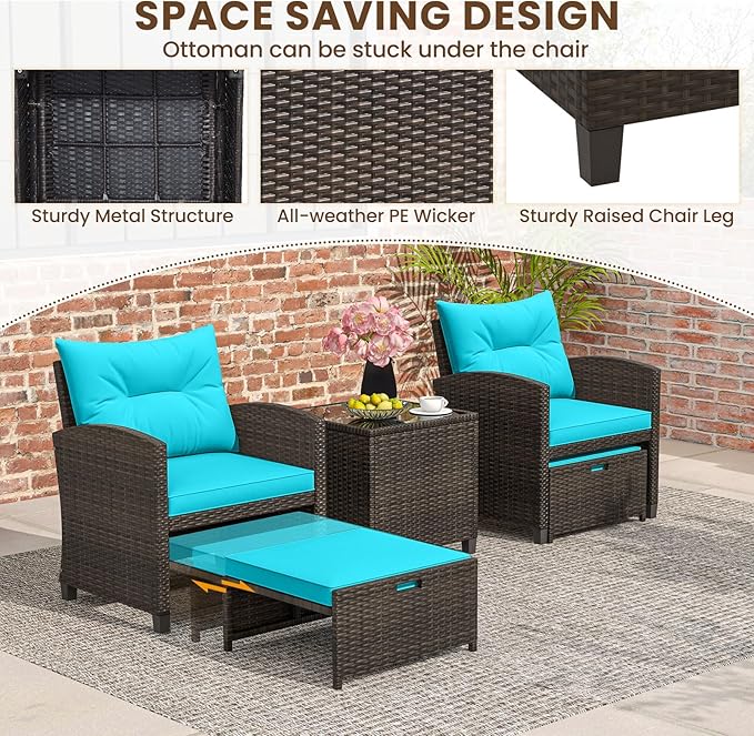 ORALNER 5 Pieces Patio Furniture Set with Ottoman, Wicker Conversation Set w/Cushions, Glass Coffee Table, Outdoor Rattan Lounger Chairs Bistro Set for Porch Balcony Garden Deck Poolside (Turquoise)