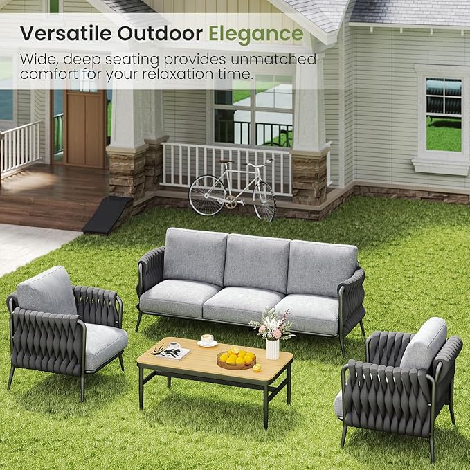 Patio Furniture Set, 5-Seat Outdoor Sofa Furniture Deep Seating with Coffee Table, Metal Patio Conversation Sets with Waterproof & Extra-Thick Cushions for Garden, Poolside, Backyard