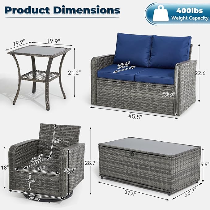 5 Pieces Outdoor Furniture Set with Swivel Chairs, Wicker Patio Furniture Sets for Porch Deck Bistro Lawn Garden Backyard Poolside-Blue