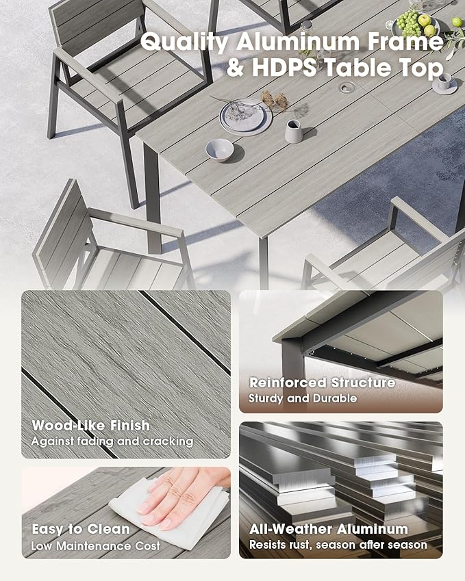 Outdoor Dining Set for 6, Aluminum Patio HDPS Outdooor Table and Chairs Set with Umbrella Hole, All Weather Patio Furniture Set, 7 Peice Patio Dining Table Set (Classic Gray)