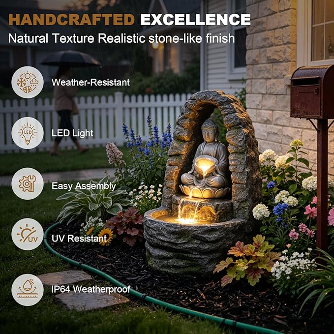 27" Outdoor Buddha Fountain with LED Lights, Zen Water Fountain Outdoor for Garden Patio Deck, 3-Tier Cascading Waterfall Fountain with Warm 3000K Glow & Pebbles, Faux Stone Resin Decor