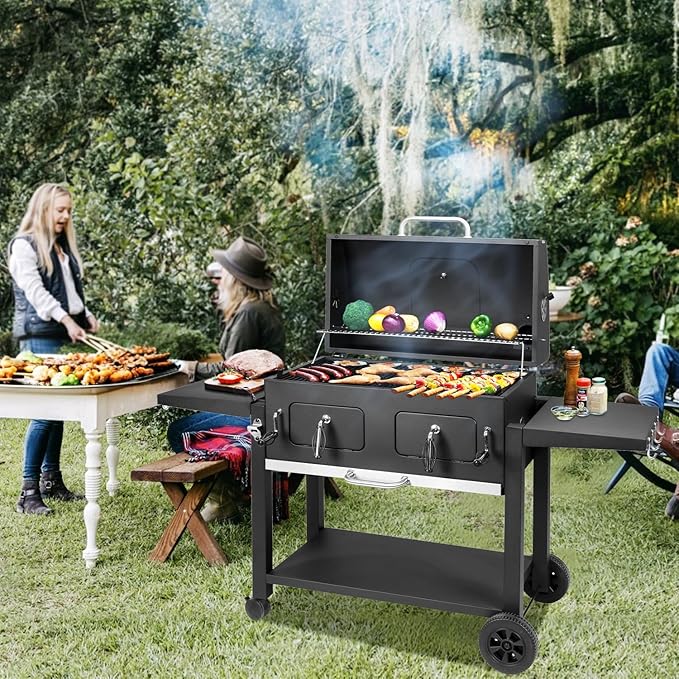 Charcoal Grill Outdoor BBQ Grill, Extra Large Cooking Area 794 Square Inches with Two Individual & Adjustable Charcoal Tray, Foldable Side Tables for Outdoor Cooking Backyard Camping Picnics By DNKMOR