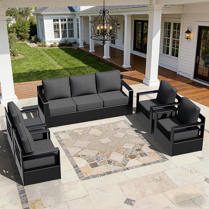 Outdoor Aluminum Furniture Set, 5-Piece Patio Conversation Set, 4 Chairs and 1 Sofa, All-Weather Metal Frame, 6" Thick Removable Cushions, Deep Setting for Garden, Poolside and Porch