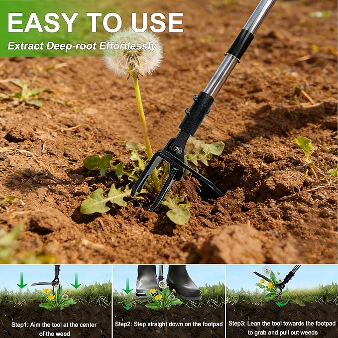 Weed Puller Tool Stand Up Hand Weeder Tool with Adjustable Long Handle, Weed Remover with Steel Head, Remove Weeds Root Easily without Bending, Pulling or Kneeling for Lawn Yard Garden (4 CLAWS)