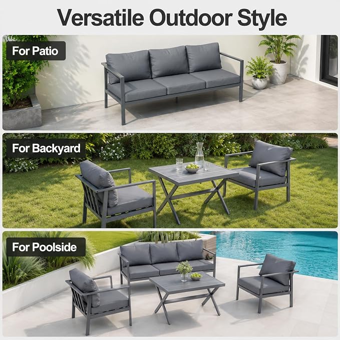 Aluminum Patio Sectional Furniture Set,4 Piece Patio Conversation Sets Outdoor Patio Furniture Set Sofa with Coffee Table & Washable Cushions Grey