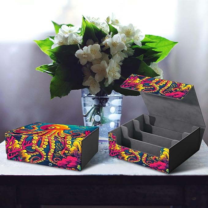 Large Card Deck Box for MTG, Fits 1200+ Sleeved Cards, PU Leather Storage Case with Strong Magnetic Closure, Multiple Colors for TCG CCG Baseball Card Collections, Octopus Ocean Bottom