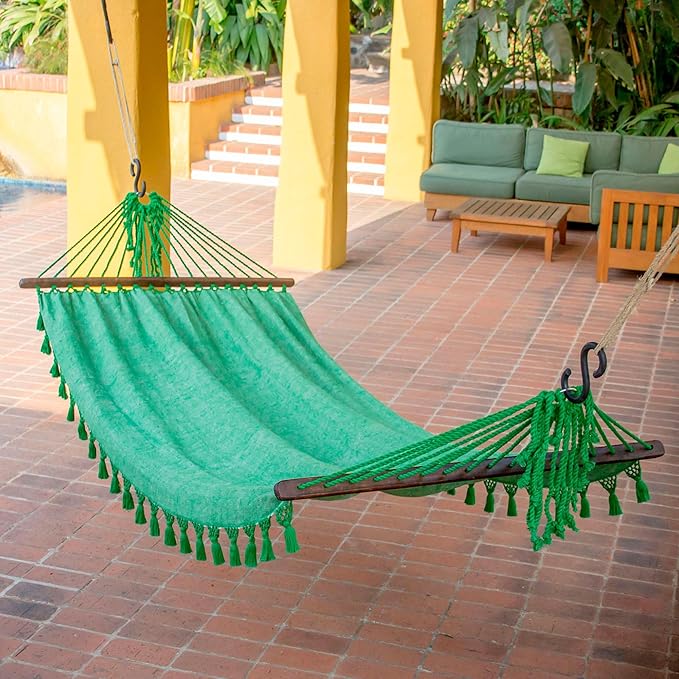 NOVICA Emerald Green Cotton Fabric 1 Person Brazilian Style Hammock with Spreader Bars and Knotted Crochet Fringe, 'Take Me to The Forest' (Single)