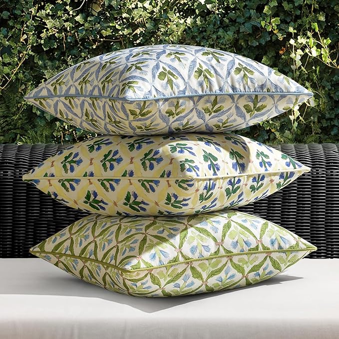 MIULEE Pack of 2 Decorative Outdoor Waterproof Throw Pillow Covers Flower Print Chic Boho Accent Pillow Covers for Square Garden Patio Cushion 20x20 Inch, Yellow-Blue