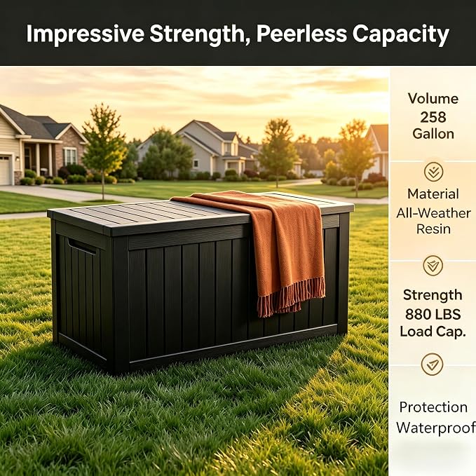 Large 258 Gallon Resin Deck Box, Heavy Duty Lockable Patio Storage Box Outdoor, Waterproof Tool Box for Garden Furniture Cushions & Pool Supplies, Wood Grain Outdoor Storage Bench for Backyard
