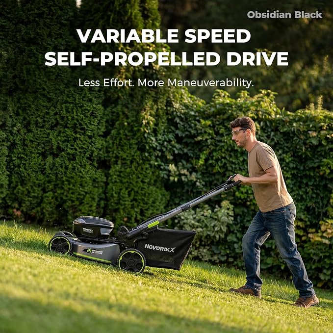 NovorikX 60V Cordless Lawn Mower with 2X5.0Ah Battries, 21" Self Propelled Electric Lawn Mower, Brushless Motor, LED Headlight 3 in 1 Mulching Bagging Side Discharge Obsidian Black