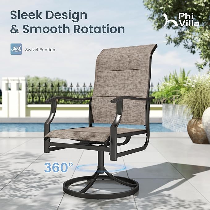 PHI VILLA 7 Piece Patio Dining Set, Outdoor Table and Chairs Furniture Dining Set with 6 Padded Swivel Chairs and 1 Large Metal Table, Patio Set for Lawn Garden Deck