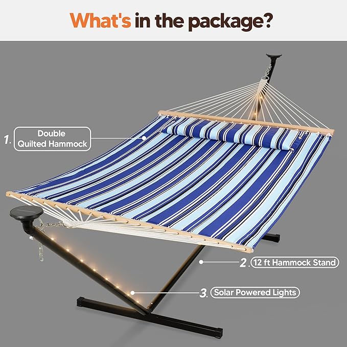 SUNCREAT Double Backyard Hammock with Solar Powered Lights for Outside, 475 lbs Capacity, Heavy Duty Self Standing Hammock with 12 ft Stand, Blue