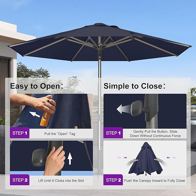 PURPLE LEAF 10FT Commercial Round Patio Umbrella Semi Auto Heavy Duty 1.9 Inch Aluminum Pole Wind Resistant for Business Restaurants Hotels Cafes Poolside Garden Navy Blue