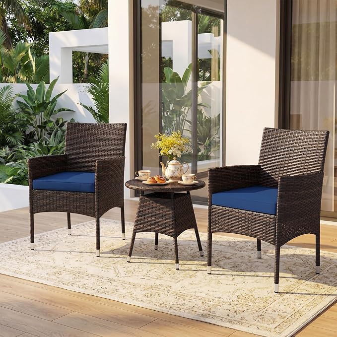 Tangkula 3 Piece Patio Furniture Set, Hand-Woven PE Wicker Conversation Set with Contoured Armchairs, Cushions & Round Coffee Table, Outside Bistro Set for Porch, Backyard, Balcony (Navy Blue)