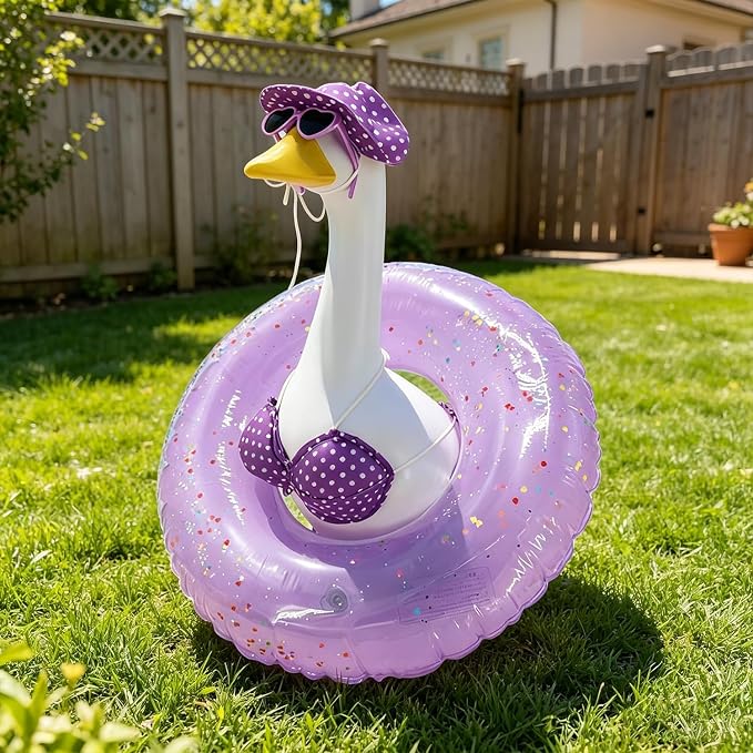 Hawaiian Porch Goose Outfits with Hat Sunglasses & Swim Ring, Summer Bikini Goose Outfit Clothes Costume Fits 23" Cement Geese Statue, Summer Garden Lawn Patio Yard Outdoor Decor (Summer style-Purple)