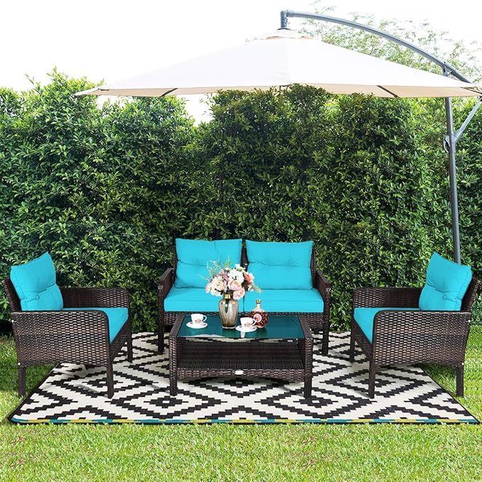 COSTWAY 4-Piece Patio Furniture Set, Sectional Wicker Rattan Sofa Chair with Cushion, Loveseat, Coffee Table with Tempered Glass and Shelf, Outdoor Conversation Sets for Poolside Porch (Turquoise)
