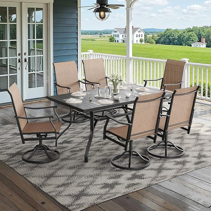 Soohow Outdoor Dining Set for 6, 7-Piece Patio Table and Chairs Set, 6 x Swivel Patio Dining Chairs with Textilene Fabric and 60"x35" Outdoor Table with 1.57" Umbrella Hole for Backyard, Poolside