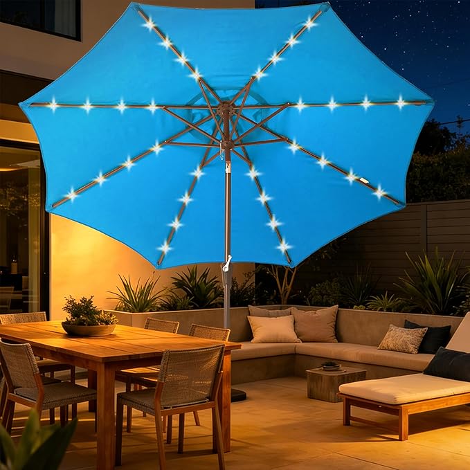 9FT Solar-Powered LED Patio Umbrella with Tilt Crank,Outdoor Market Umbrella with 32 Lights,Sunshade for Deck, Garden and Pool