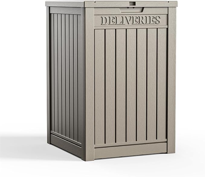 EasyUp Package Delivery Boxes for Outside, 55 Gallon Outdoor Parcel MailBox Drop Storage Deck Box Secure Resin Waterproof Lockable UV Resistant Patio Porch Mail Grey