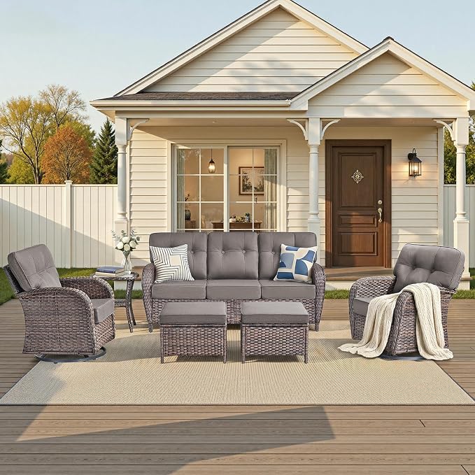 Patio Furniture Set, 6PCS Outdoor Wicker Conversation Set with Side Table, High Back Rattan Sofa & Swivel Rocker Chairs, Weather Resistant Olefin Fabric for Garden, Poolside Brown/Grey