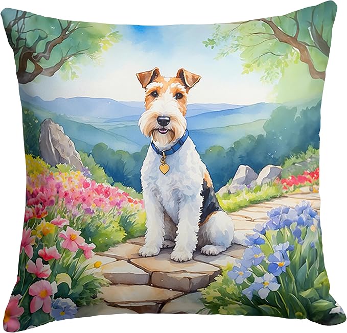 Caroline's Treasures Fox Terrier Spring Path Throw Pillow Machine Washable, Indoor Outdoor Decorative Pillow for Couch, Bed or Patio, 18Hx18W