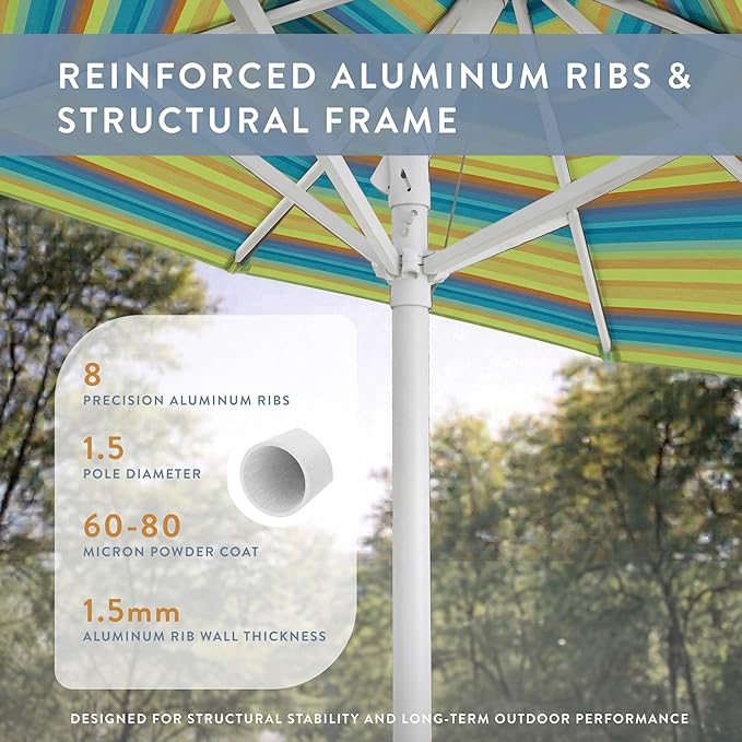 California Umbrella 12-Year Protection 7.5-Ft Outdoor Patio Umbrella, Sunbrella Fade-Resistant Fabric, Auto-Tilt, Heavy Duty Aluminum Frame, 8 Reinforced Ribs for Pool or Deck, White Pole, Astoria Lagoon