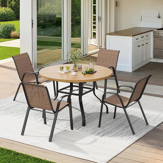 Soohow Patio Dining Set for 4, 5-piece Outdoor Dining Set 4 x Stackable Patio Chairs & 1 x Wood-Like Round Table with Umbrella Hole, All-Weather Outdoor Table and Chairs for Backyard, Balcony, Porch