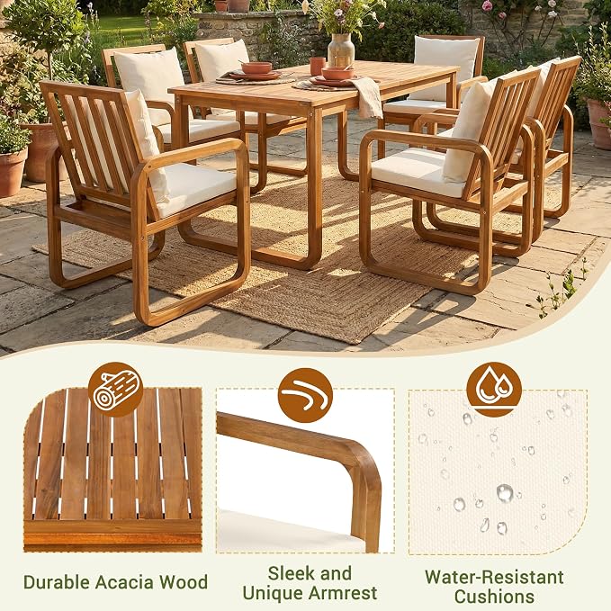 Merax 7-Piece Patio Dining Set, Outdoor Acacia Wood Dining Table and Chairs Set with Cushions for Backyard, Garden, Poolside, Beige