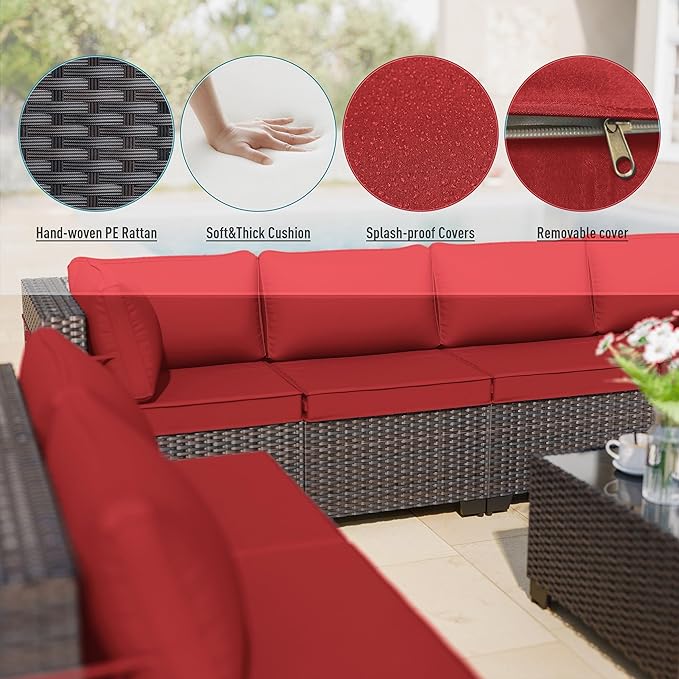 ALAULM 9 Pieces Patio Furniture Set Wicker Patio Conversation Set, Outdoor Sectional Furniture w/Coffee Table & Washable Seat Cushions-Red