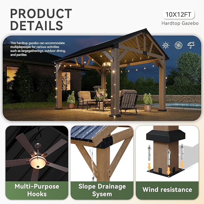 Aoxun 10' x 12' Outdoor Wood Gazebo, Hardtop Gazebo Permanent Wooden Pavilion with Gable Galvanized Steel Roof for Patio, Garden, Backyard, Natural