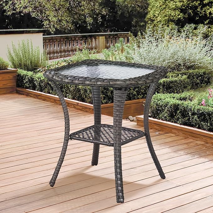 Patio Furniture Set - 2 Wicker Chairs with 2 Rattan Ottomans, 1 Wicker Side Table, Brown & Blue Cushions - 5pc Conversation Set for Garden, Balcony & Backyard