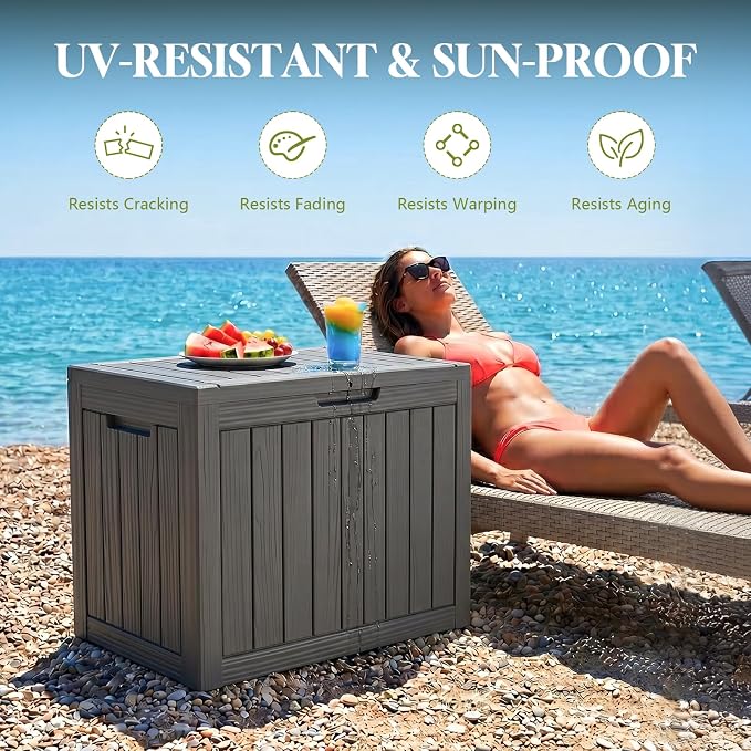 Waterproof Outdoor Storage Box Outside Deck Box Lockable Resin Bench UV Resistant Furniture Cushion Pool Tool Float Bin Patio Garden Porch (Black, 50 Gallon)
