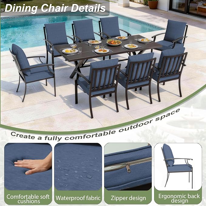 10 Piece Outdoor Dining Set for 8, Patio Table and Chairs Set with Umbrella, Metal Patio Furniture Set with 8 Stackable Chairs, Outdoor Table and Chairs with Cushions for Lawn, Garden, Yard-Navy