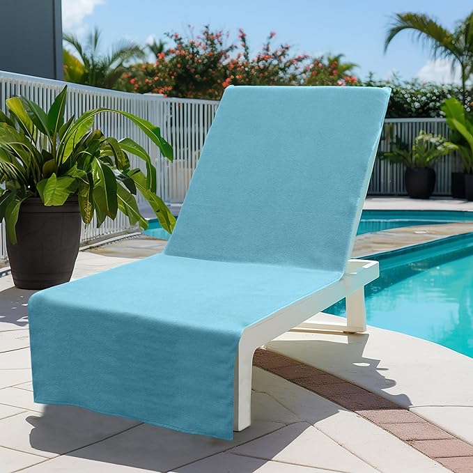 COTTON CRAFT Pool Lounge Chair Cover - 2 Pack - 100% Cotton - Soft Ringspun Terry Towel Spa Chaise Lounge Chair Cover - Beach Chair Cover - Oversized 32 inches W x 82 in Length x 7 inch Pocket – Blue