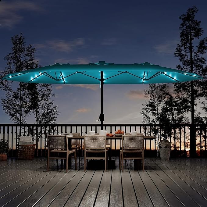 Garvee 15 ft Rectangular Patio Umbrella with Solar Lights & Base Included - Large Patio Umbrella with Crank Handle 36 LED Lights, UV Protection for Outdoor Market, Backyard, Deck, Pool, Misty Blue