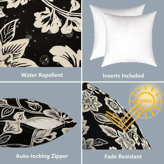 LVTXIII 2 Pack Outdoor Pillows 18x18 Inch, Square Throw Pillows with Inserts, Decorative Water-Repellent Pillow Cushions for Patio Furniture and Garden Sofa, Elegant Vines Black