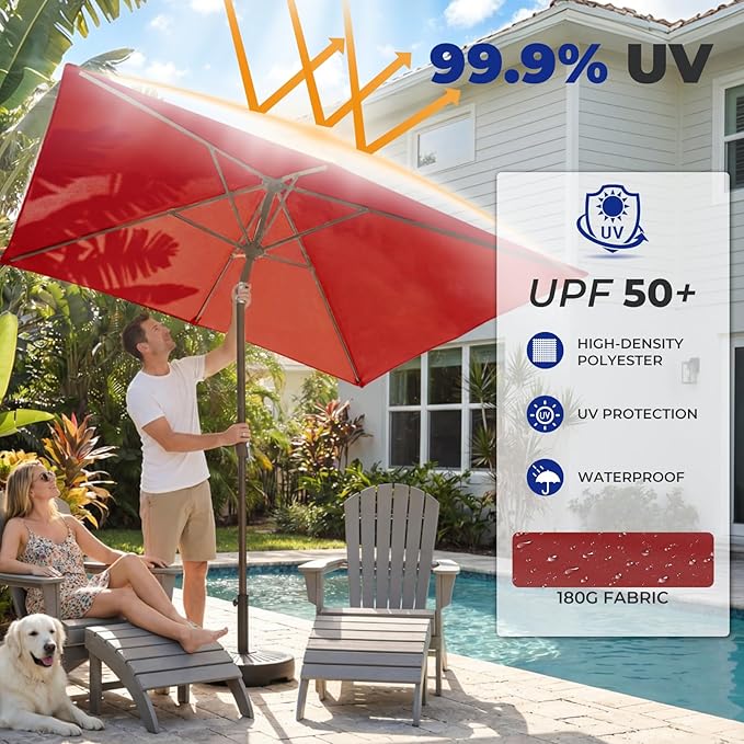 BRIOPAWS 6.5X10 FT Rectangular Patio Umbrella with Base Included | Rectangle Outdoor Umbrellas | 6 Sturdy Steel Ribs | Push Button Tilt & Crank | Heavy Duty for Garden Lawn Deck Backyard Pool |