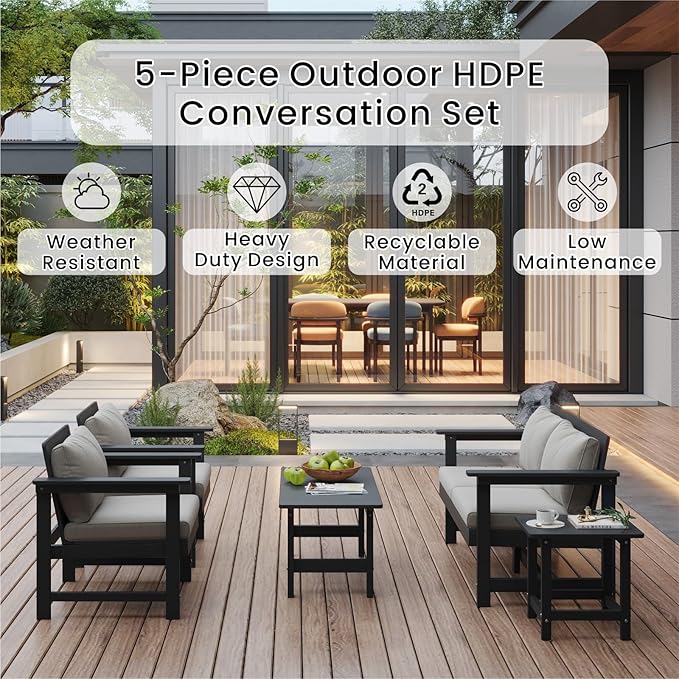 5-Piece Patio Conversation Sets, Weatherproof HDPE Sectional Furniture Set with Cushions, Outdoor Sofa Set for for Porch, Balcony, Deck, Lawn (Black)
