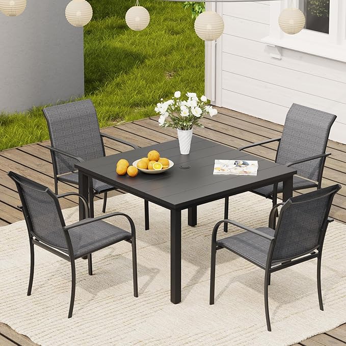 VICLLAX 5 Pieces Patio Dining Set, Patio Furniture Set of 4 Patio Stackable Dining Chairs and Outdoor Metal Square Table with Umbrella Hole for Backyard Lawn Garden, Dark Grey Chairs and Black Table