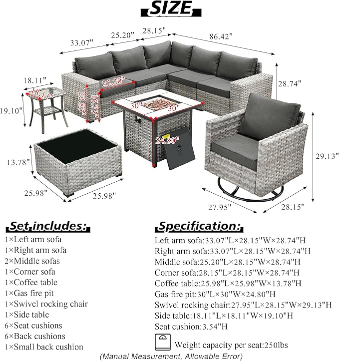 HOOOWOOO Outdoor Patio Sectional Furniture Sofa Set with Propane Gas Fire Pit Table,9 Piece Modern Wicker Couch with Swivel Chair,Modular L Shaped Conversation Seating Set with Wide Arm(Black)
