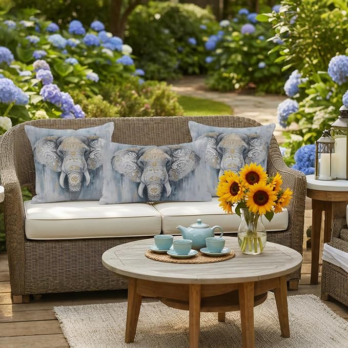 Boho Elephant Outdoor Pillow Covers 20"x12" Set of 2, Floral Pattern Animal Abstract Waterproof Throw Pillow Covers for Patio Furniture, Decorative Cushion Covers for Porch