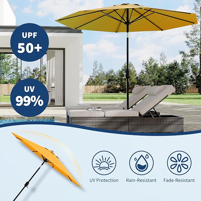 Garvee 10 ft Outdoor Patio Umbrella 8 Sturdy Ribs Outdoor Table Umbrella with Crank Lift & Push Button Tilt - UV Protection Waterproof Market Umbrellas for Pool, Deck, Yard, Garden, Yellow