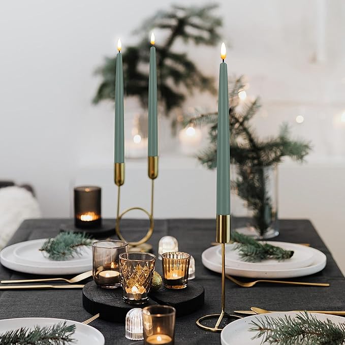 CVHOMEDECO. Flameless Taper Candles with 10-Key Remote, Battery Operated Led Flickering 3D Wick Window Candles Real Wax Finished Home Christmas Party Decor 0.78 x 11 Inch, Pack of 3, Grey Green