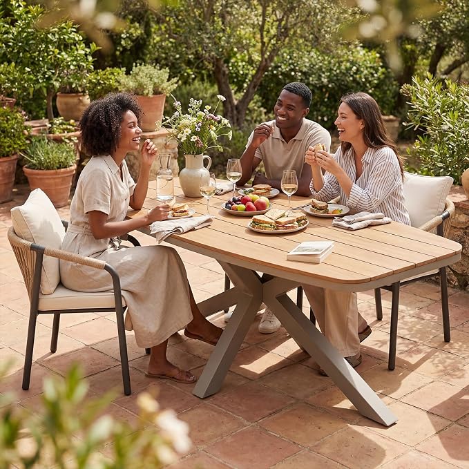 SUNSITT 7 Piece Outdoor Patio Dining Set, Patio Dining Furniture Set with 87” Aluminum Dining Table w/X Base Legs and 6 Woven Wicker Patio Chairs w/Curved Backrest for Garden, Flaxen