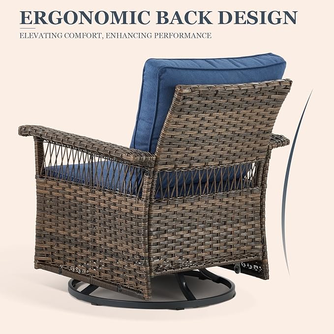 Patio Furniture Set 2 Wicker Swivel Glider Chairs 2 PE Rattan Ottomans with Patio Side Table Brown Wicker Blue Cushions Patio Conversation Set 5pcs for Garden Backyard